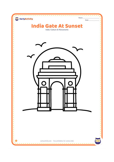 Colouring page: Draw India Gate against a large round setting sun, with a few birds shown as simple curved shapes and a smooth ground line. Do not add tiny skyline details.