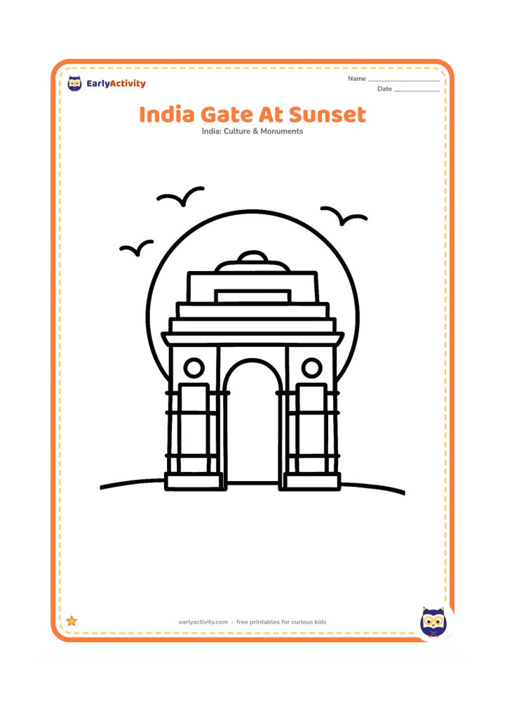 Colouring page: Draw India Gate against a large round setting sun, with a few birds shown as simple curved shapes and a smooth ground line. Do not add tiny skyline details.