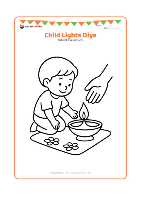 Colouring page: Draw a child kneeling safely beside a large diya, reaching toward it with one hand while an adult hand is nearby to suggest supervision. Place the diya on a plain floor mat with two…