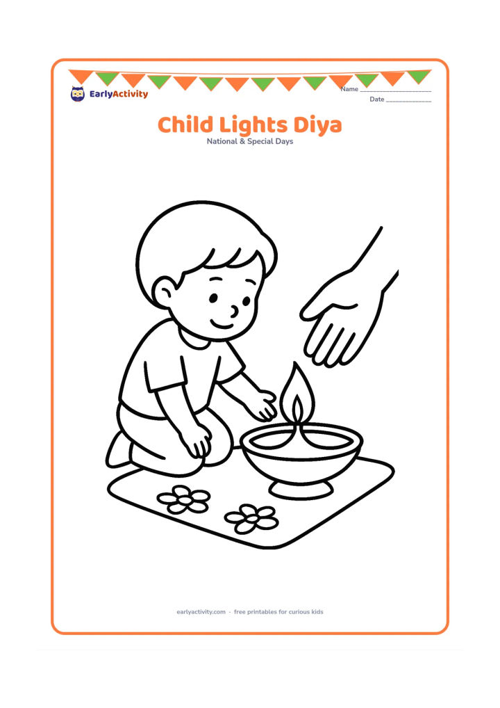 Colouring page: Draw a child kneeling safely beside a large diya, reaching toward it with one hand while an adult hand is nearby to suggest supervision. Place the diya on a plain floor mat with two…
