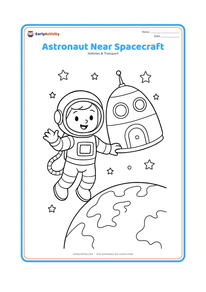 Colouring page: Draw one astronaut floating beside a rounded spacecraft with a docking hatch, antenna and two windows, with Earth curving below.