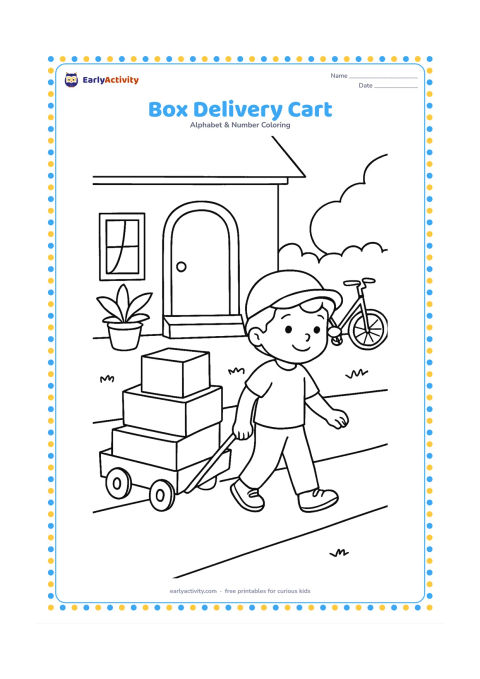 Colouring page: Draw a child pulling a little handcart filled with three plain cardboard boxes along a neighbourhood lane. Include a house entrance, potted plant and a bicycle in the background.