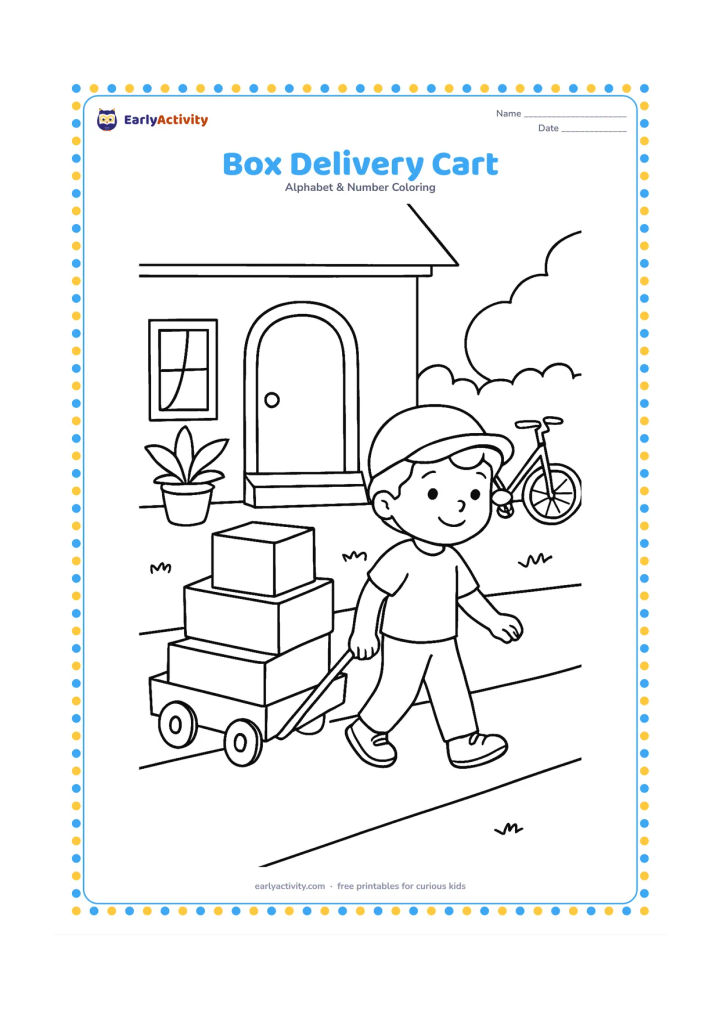 Colouring page: Draw a child pulling a little handcart filled with three plain cardboard boxes along a neighbourhood lane. Include a house entrance, potted plant and a bicycle in the background.