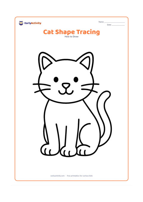 Worksheet: Show a large friendly cat made from clearly separated head, body, ear, paw, and tail shapes, arranged as one complete standing cat. Include a few light-looking inner shape boundaries but…