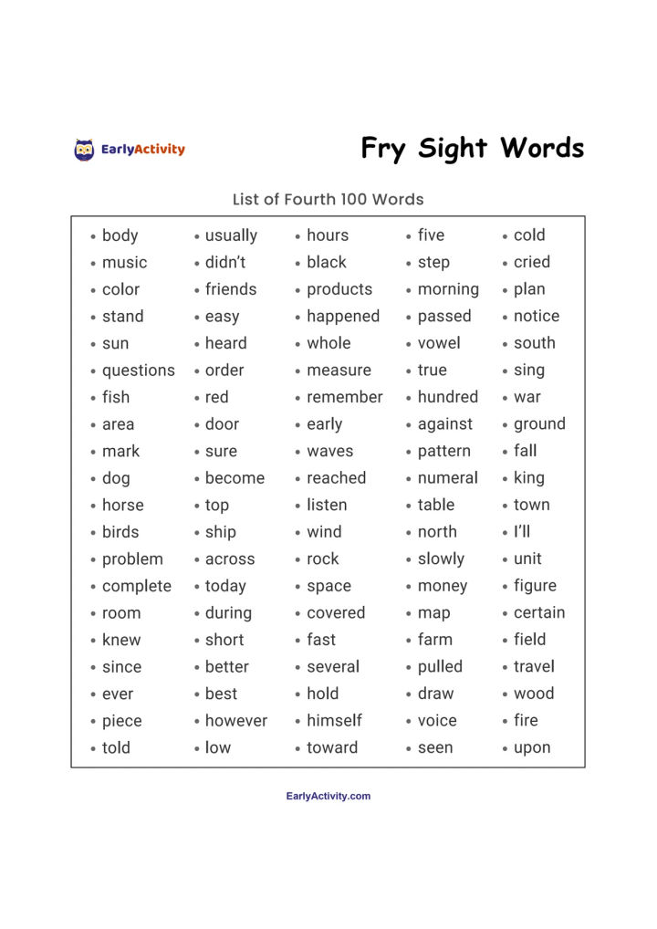 Worksheet listing the fourth 100 Fry sight words in five columns, including words such as body, music, house, five and cold.