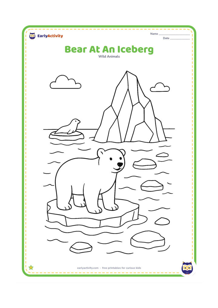 Colouring page: A polar bear stands on a small floe beside a tall iceberg, with visible underwater ice, calm waves, a distant seal and several floating chunks around the scene.