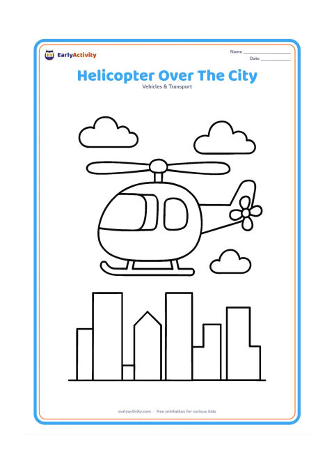 Colouring page: Draw a helicopter above a simple city skyline with three or four plain buildings and a few clouds. Give the helicopter large windows and a clearly separated rotor and tail.