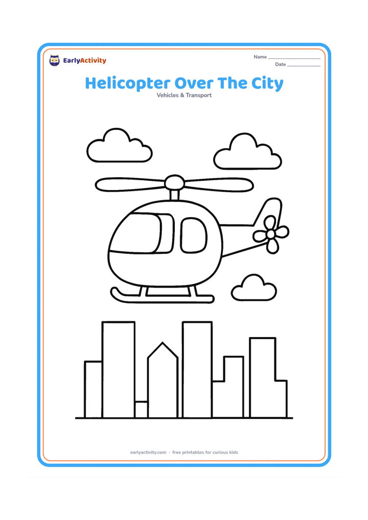 Colouring page: Draw a helicopter above a simple city skyline with three or four plain buildings and a few clouds. Give the helicopter large windows and a clearly separated rotor and tail.