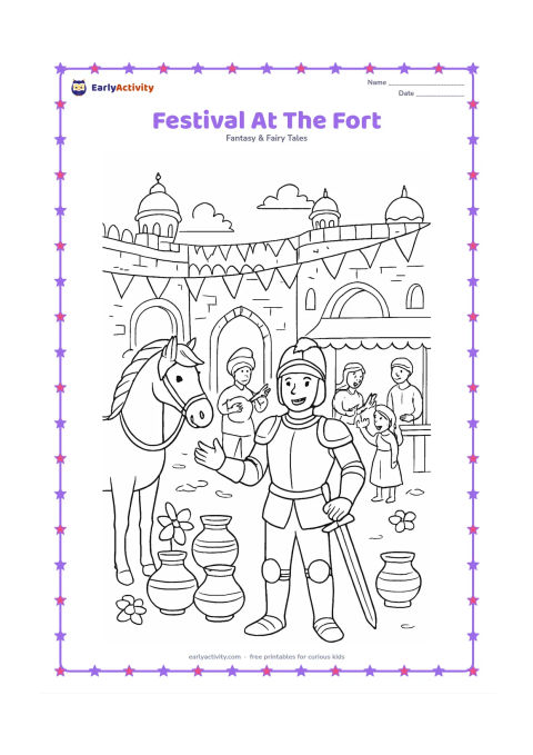 Colouring page: A friendly knight joins a joyful courtyard festival outside an Indian-inspired fort, beside a horse, flower garlands, clay pots, musicians with simple instruments, and families near a…