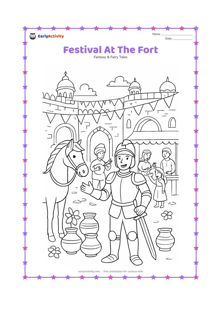 Colouring page: A friendly knight joins a joyful courtyard festival outside an Indian-inspired fort, beside a horse, flower garlands, clay pots, musicians with simple instruments, and families near a…