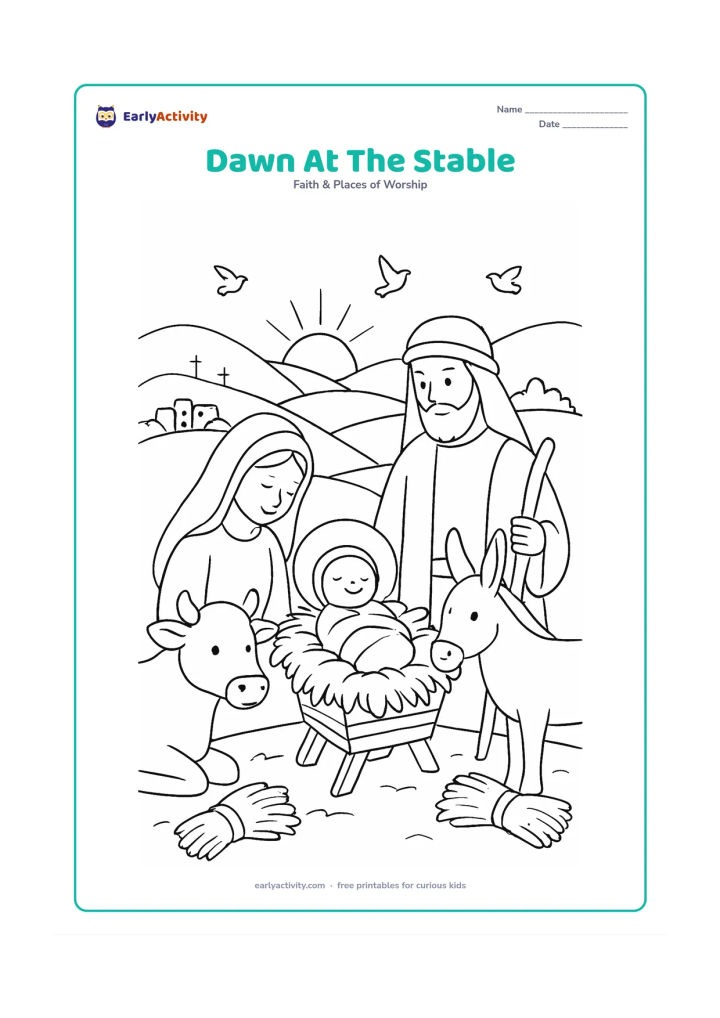 Colouring page: Show Mary and Joseph beside the manger as dawn light appears behind a Bethlehem hillside. Include an ox, donkey, straw bundles, distant homes and birds in the pale sky.