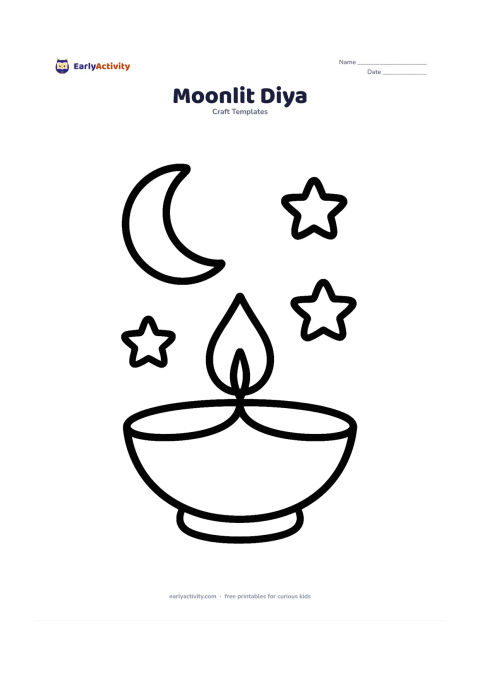 Worksheet: A large diya with one flame beneath a simple crescent moon and three large rounded stars, all arranged with generous space.