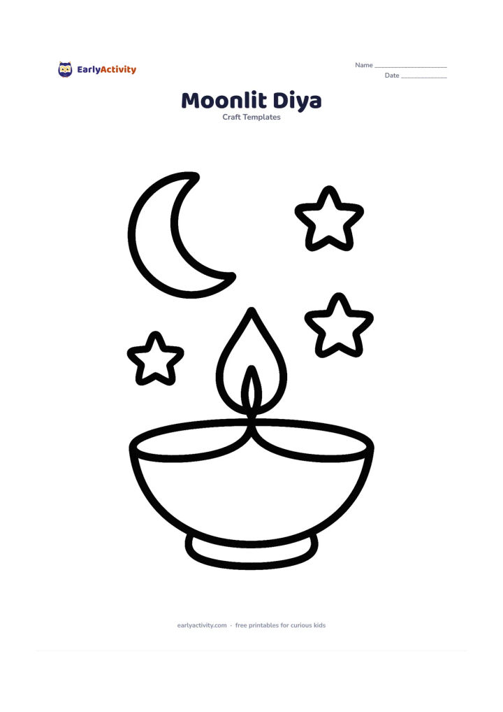 Worksheet: A large diya with one flame beneath a simple crescent moon and three large rounded stars, all arranged with generous space.