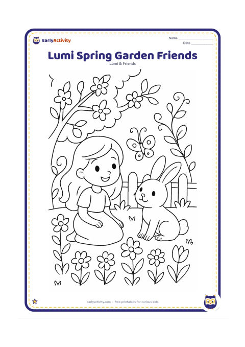Colouring page: Lumi and a cheerful rabbit sit among spring flowers while a butterfly flies between them. Include a flowering tree, curling stems, a small garden gate and patches of fresh grass.