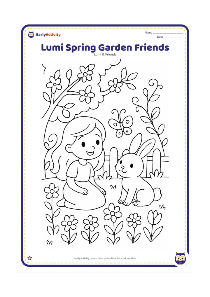 Colouring page: Lumi and a cheerful rabbit sit among spring flowers while a butterfly flies between them. Include a flowering tree, curling stems, a small garden gate and patches of fresh grass.