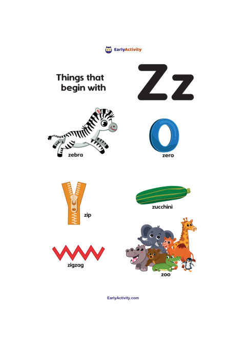 Worksheet showing the letter Zz with pictures labelled zebra, zero, zip, zucchini, zigzag and zoo animals.