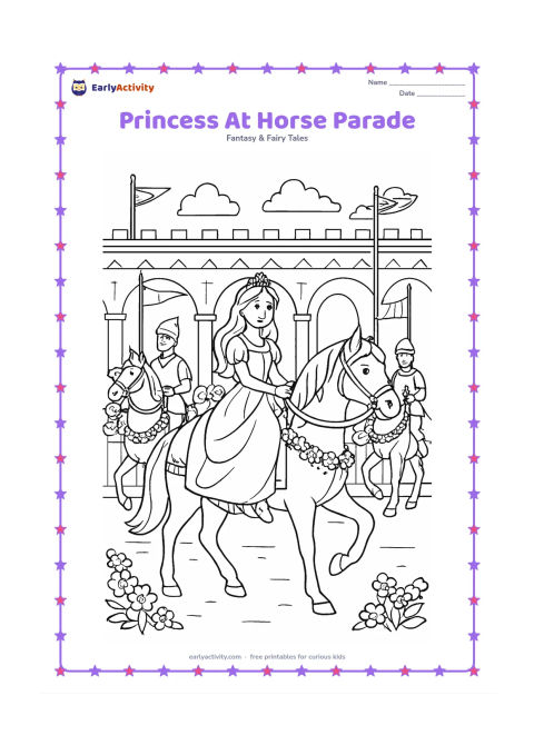 Colouring page: Draw a princess riding a decorated horse along a palace avenue during a friendly parade. Include two mounted companions, pennants without symbols, flower garlands, palace arches, and…