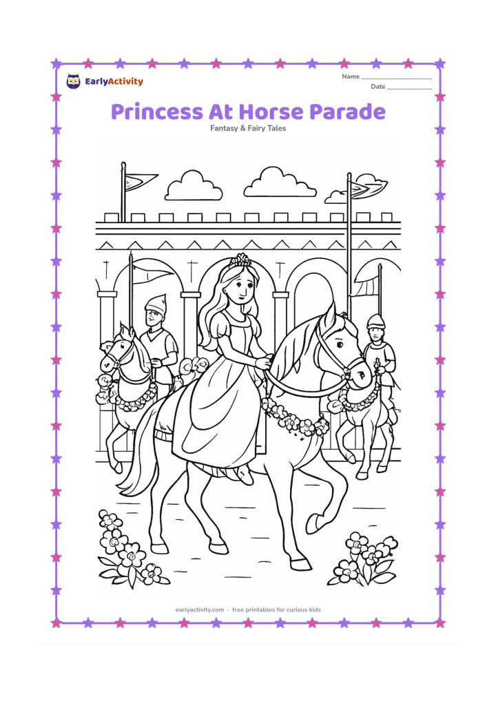 Colouring page: Draw a princess riding a decorated horse along a palace avenue during a friendly parade. Include two mounted companions, pennants without symbols, flower garlands, palace arches, and…