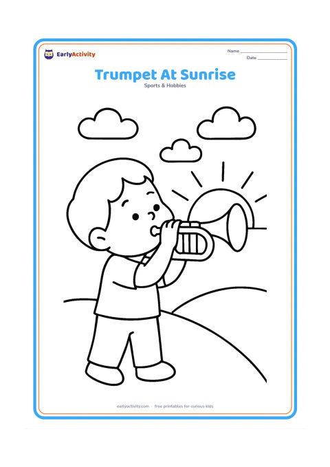 Colouring page: A child holding a trumpet and blowing toward the right, with a low hill and a large rising sun in the background. Include a few simple clouds.