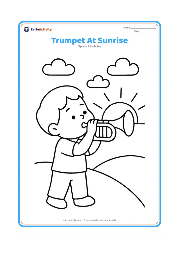 Colouring page: A child holding a trumpet and blowing toward the right, with a low hill and a large rising sun in the background. Include a few simple clouds.