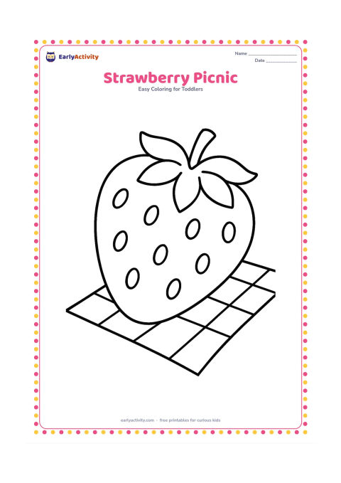 Colouring page: Draw one oversized strawberry lying on a picnic cloth, with a leafy top and several large seeds. Add one simple corner of the cloth and leave the rest open.