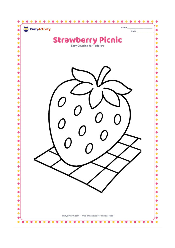 Colouring page: Draw one oversized strawberry lying on a picnic cloth, with a leafy top and several large seeds. Add one simple corner of the cloth and leave the rest open.