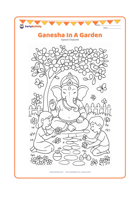 Colouring page: A peaceful Ganesha sits beneath a flowering tree in a garden while children place flowers and modaks nearby. Add a stone path, butterflies, birds, flower beds, a small water pot and a…
