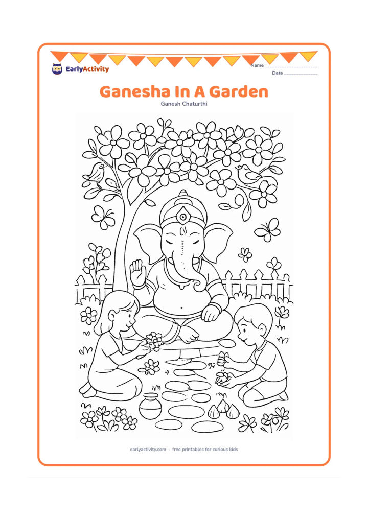 Colouring page: A peaceful Ganesha sits beneath a flowering tree in a garden while children place flowers and modaks nearby. Add a stone path, butterflies, birds, flower beds, a small water pot and a…