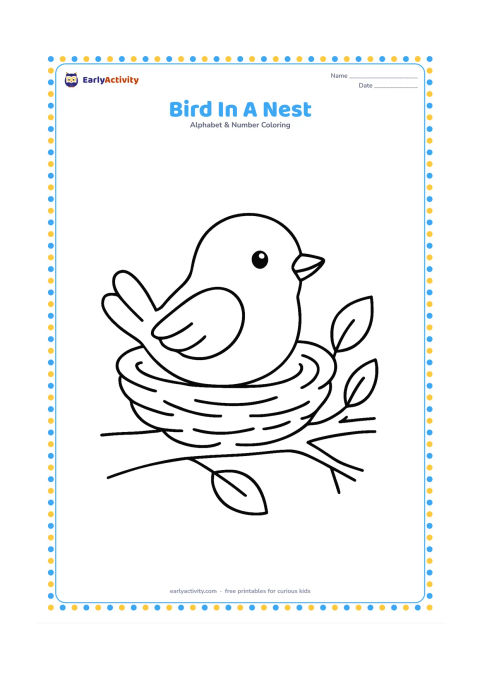 Colouring page: Draw a cheerful small bird sitting in a nest on a low branch, with two leaves and a few simple twigs around it. Show the bird in side view with a clear beak and wing.