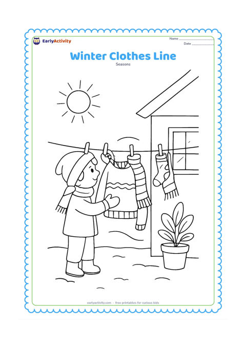 Colouring page: A child hangs a woollen sweater, scarf and socks on a clothesline in a sunny winter courtyard. Add a small house wall, potted plant and a gentle breeze shown by curved cloth edges.