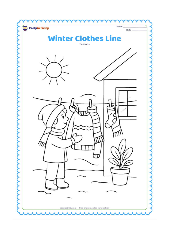 Colouring page: A child hangs a woollen sweater, scarf and socks on a clothesline in a sunny winter courtyard. Add a small house wall, potted plant and a gentle breeze shown by curved cloth edges.