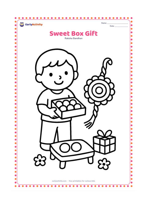 Colouring page: A child holds out an open box of round sweets beside a large rakhi and a small wrapped gift. Include a low table with two large sweets and a few simple flower shapes.
