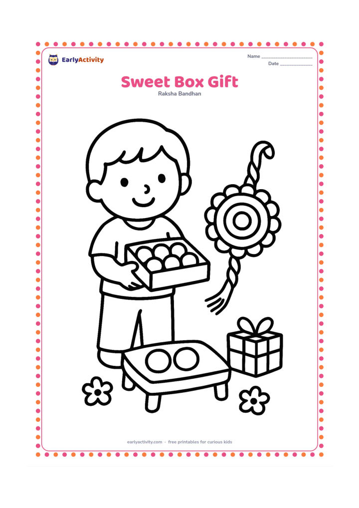 Colouring page: A child holds out an open box of round sweets beside a large rakhi and a small wrapped gift. Include a low table with two large sweets and a few simple flower shapes.