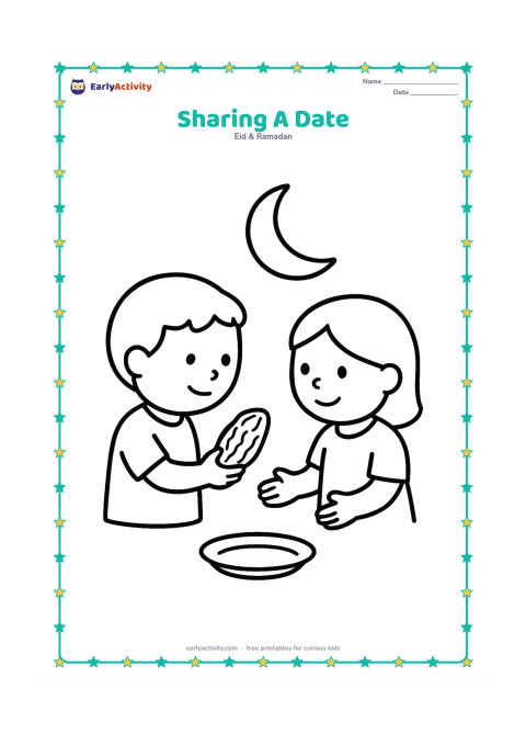 Colouring page: One child offers a large date to another child, with a small plate between them and a crescent moon in the background.