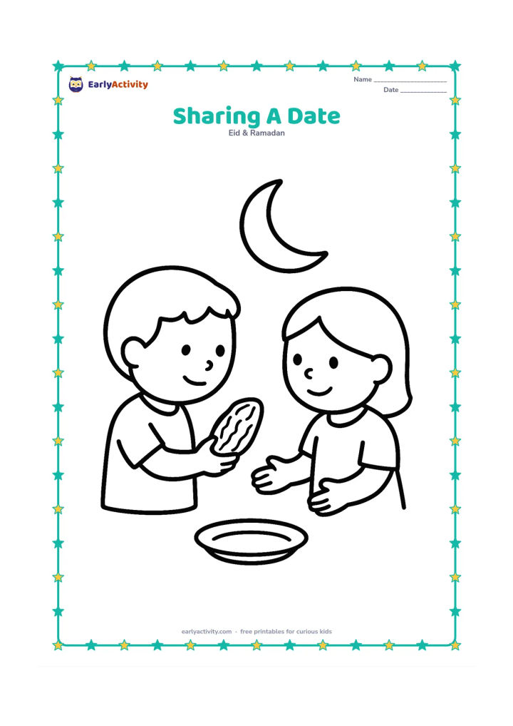 Colouring page: One child offers a large date to another child, with a small plate between them and a crescent moon in the background.