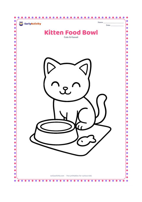 Colouring page: Draw a small kitten sitting beside a large food bowl, looking down happily at it. Add a simple placemat and one fish-shaped treat without any markings or text.