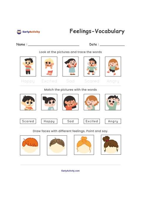 Worksheet with cartoon faces showing happy, excited, sad, scared and angry feelings, plus tracing, matching and drawing activities.