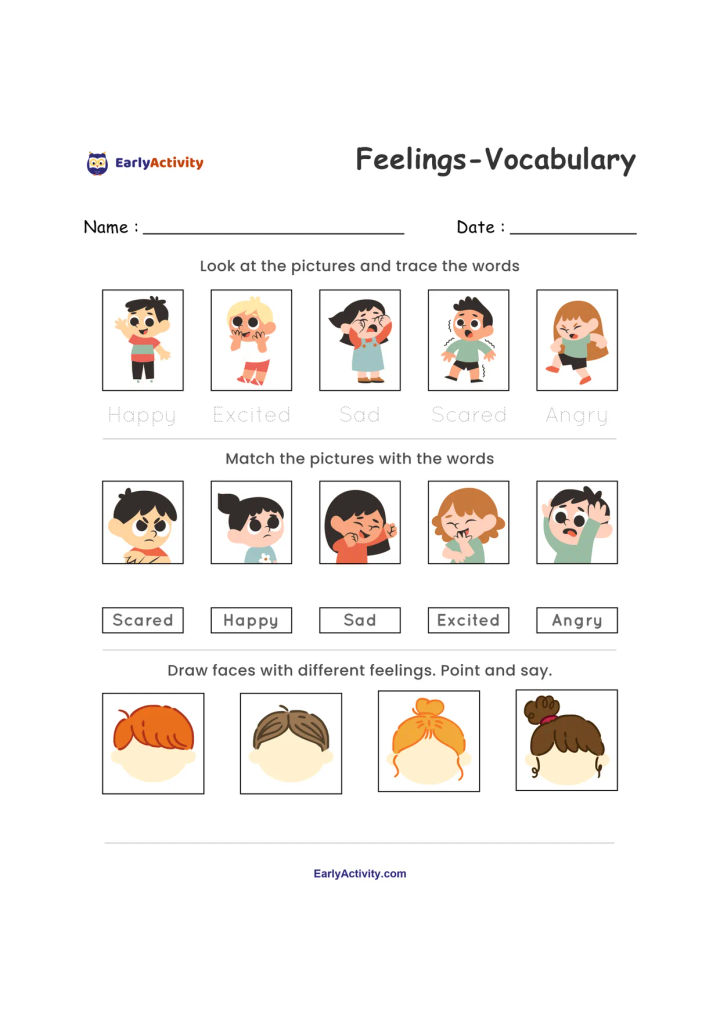 Worksheet with cartoon faces showing happy, excited, sad, scared and angry feelings, plus tracing, matching and drawing activities.