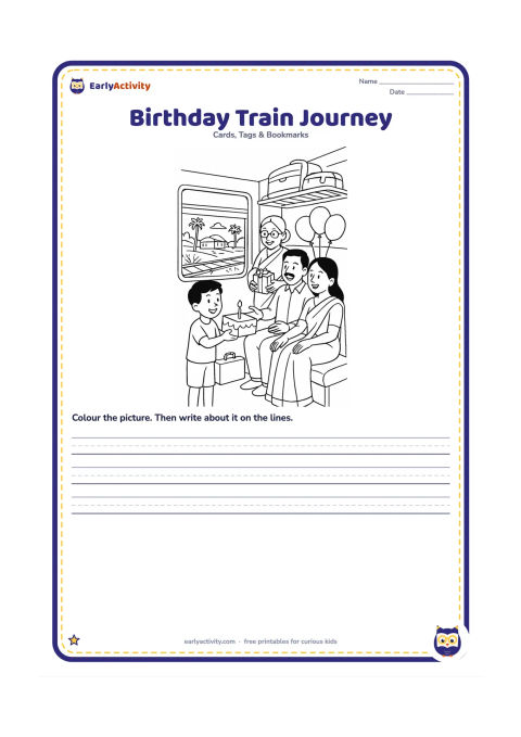 Worksheet: Draw a family birthday journey inside an Indian train compartment, with a child holding a cake box and relatives sharing gifts. Show window scenery with fields, palm trees, a small…