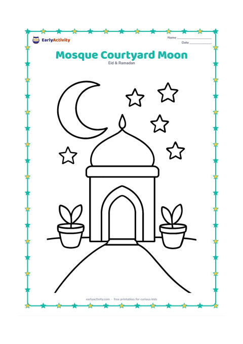 Colouring page: A simple mosque entrance with one arched doorway stands in a courtyard beneath a large crescent moon. Add two potted plants and a few large stars.
