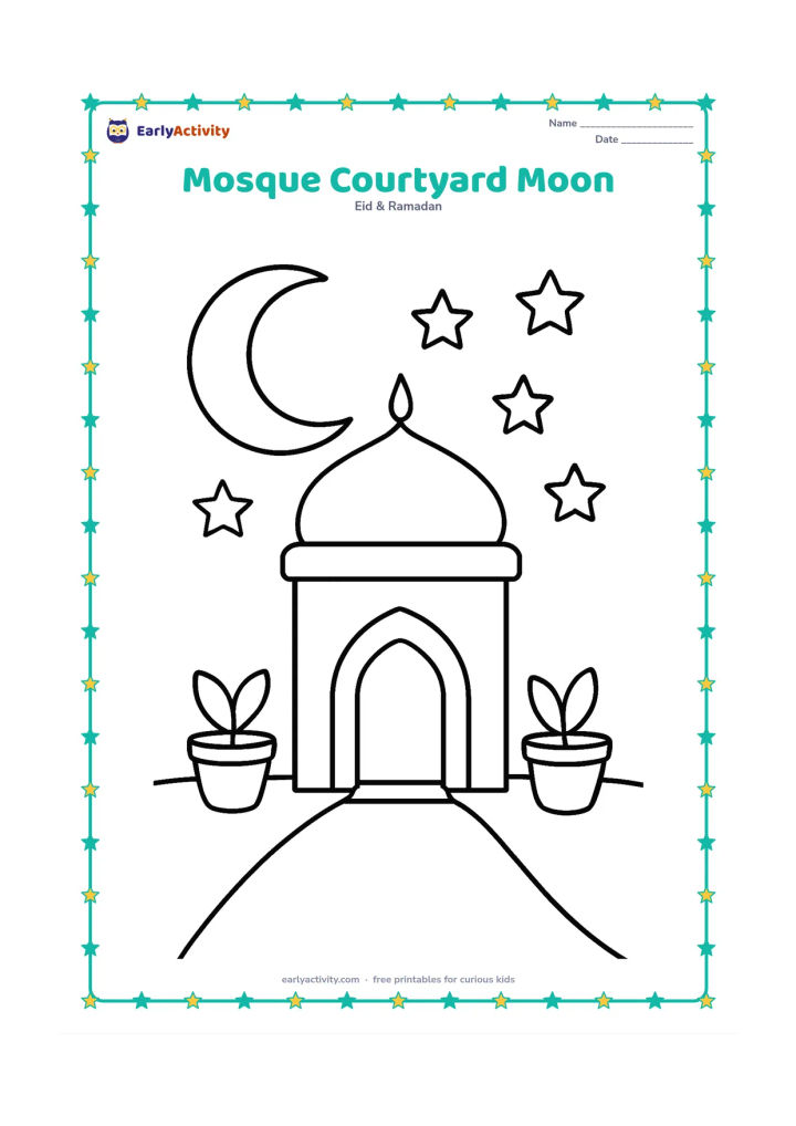Colouring page: A simple mosque entrance with one arched doorway stands in a courtyard beneath a large crescent moon. Add two potted plants and a few large stars.