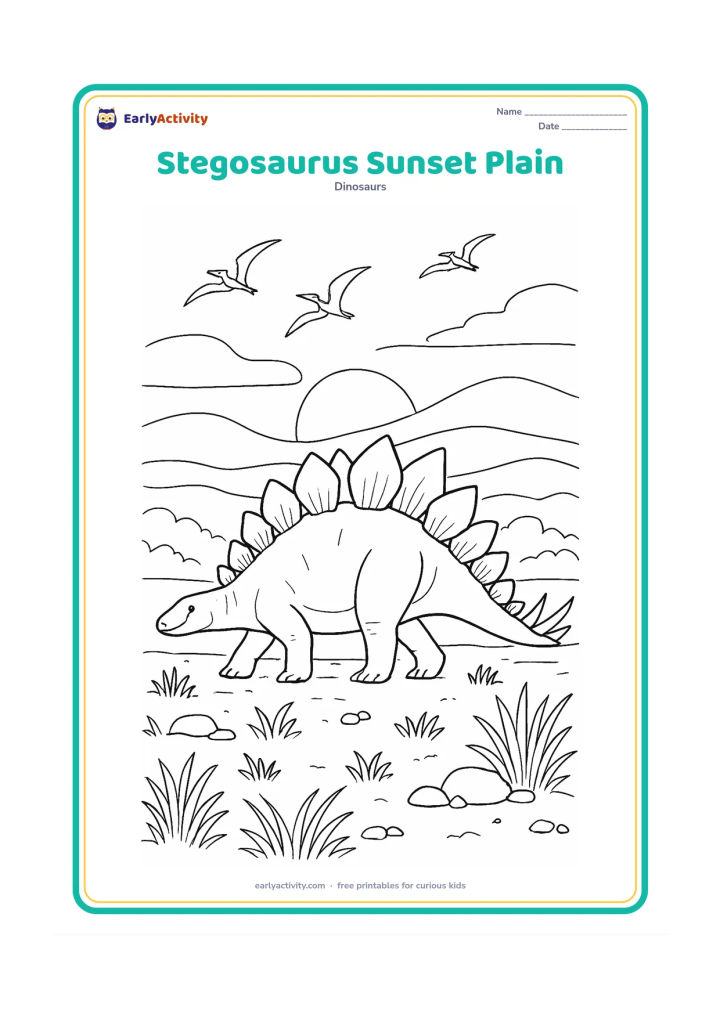 Colouring page: A Stegosaurus walks across a wide plain at sunset, with its plates silhouetted against layered hills and a large low sun. Add grasses, scattered stones and a few distant flying pterosaurs.