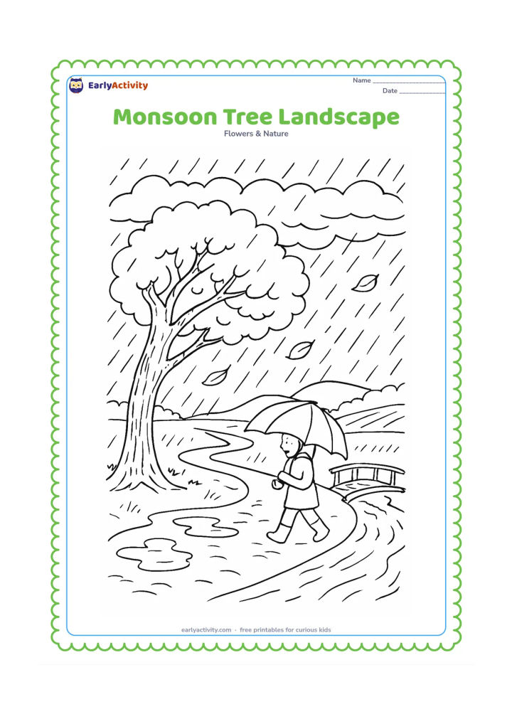 Colouring page: Draw a rain-filled monsoon landscape with a large tree bending slightly in the wind, textured bark, layered clouds, puddles, distant fields, a small footbridge, and a person carrying an…