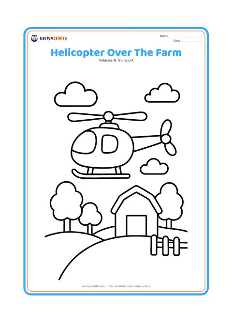 Colouring page: Draw a helicopter flying above a simple farm with a barn, rounded trees, a fence and a few clouds. Keep the helicopter as the largest object in the picture.