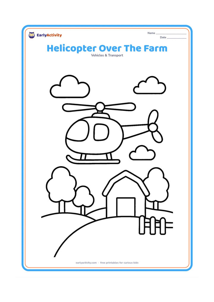Colouring page: Draw a helicopter flying above a simple farm with a barn, rounded trees, a fence and a few clouds. Keep the helicopter as the largest object in the picture.