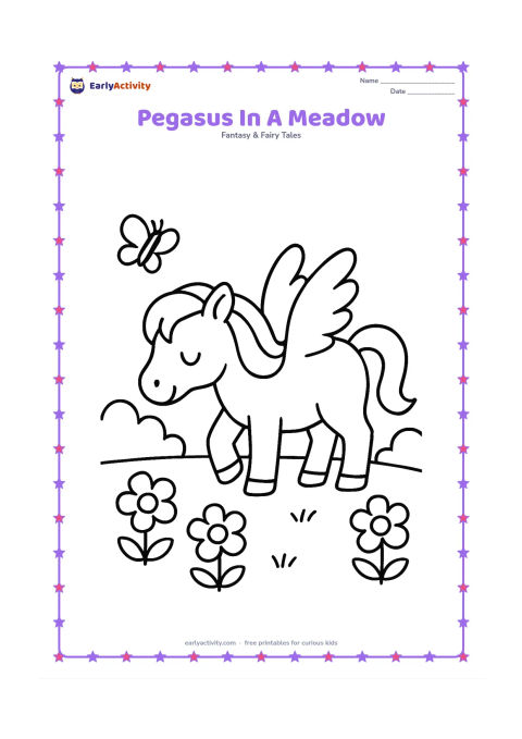 Colouring page: Draw a friendly pegasus grazing in a simple meadow with three large flowers, two rounded bushes and one butterfly nearby. Give the horse a clear, large outline and a relaxed pose.