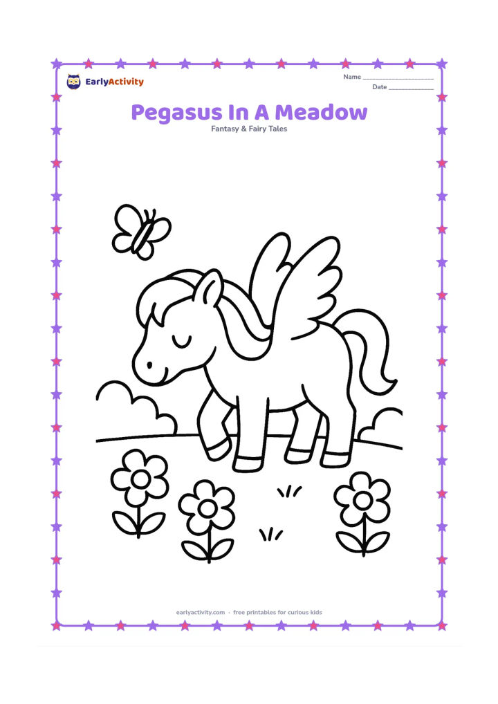 Colouring page: Draw a friendly pegasus grazing in a simple meadow with three large flowers, two rounded bushes and one butterfly nearby. Give the horse a clear, large outline and a relaxed pose.