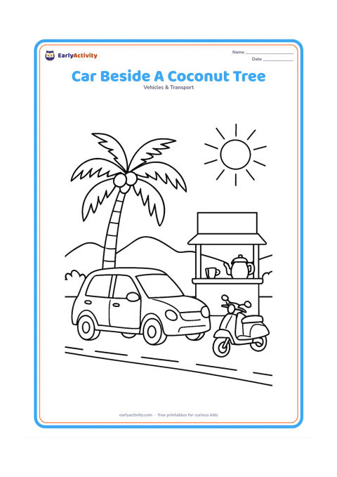 Colouring page: Draw a family car parked beside a coconut palm on a sunny Indian roadside, with a small roadside tea stall, a scooter and distant low hills. Keep the stall signboard completely blank.