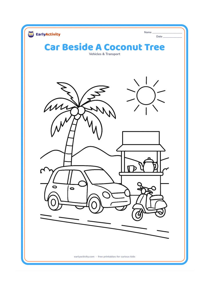 Colouring page: Draw a family car parked beside a coconut palm on a sunny Indian roadside, with a small roadside tea stall, a scooter and distant low hills. Keep the stall signboard completely blank.