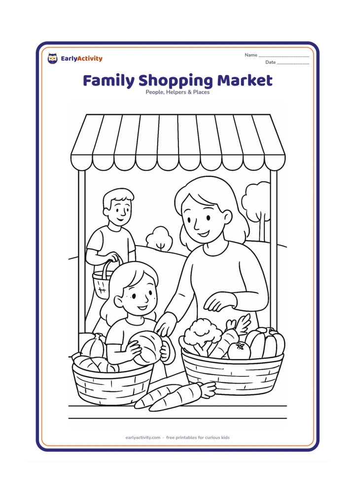 Colouring page: Show an adult and child choosing vegetables from a friendly outdoor market stall while another family member carries a reusable basket. Add baskets, produce and a simple awning without…
